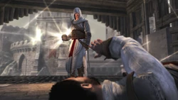 Altaïr having taken the Apple from Abbas.