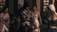 Ezio en compagnie des courtisanes et de Teodora à la Rosa della Virtù