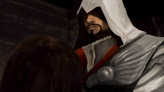 Ezio, Octavian de Valois előtt állva.