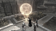Altaïr, Malik et deux Assassins contemplant le globe émanant de la Pomme