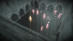 Altaïr gebruikt het arendsoog om Willem van Monferrato en zijn wachters te observeren.