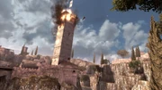 Ezio escapando de una quema de la torre Borgia.