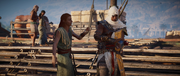Bayek greeted by Sutekh upon arriving in Thebes