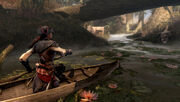 Aveline traversing the waters of the Bayou using a canoe