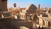Concept art of Basim and Roshan freerunning in Baghdad