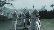 Altaïr blending with a group of scholars