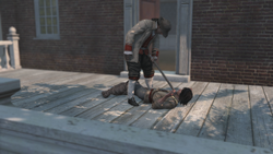 Achilles attempting to dissuade Ratonhnhaké:ton