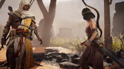 Bayek and Jeska looking for survivors