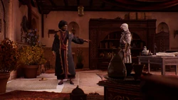 Basim confronting Muhammad over his deal with the Order