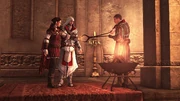 Nicolás y Ezio introduciendo a Claudia dentro de la Orden.