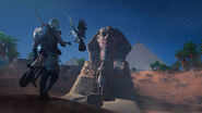 Bayek and Senu facing the Sphinx at night