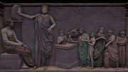 A relief featuring Asklepios and Hygieia receiving people