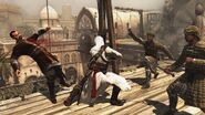 Altaïr combattant les gardes sur les toits du Souk Al-Silaah