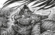 Li E using a crossbow during the Battle of Talas