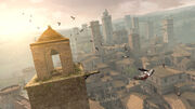 Ezio leaping from a tower in San Gimignano