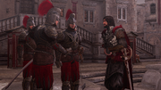 An ill Cesare with his guards around him.