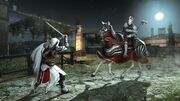 Ezio facing a horseman on a Destrier