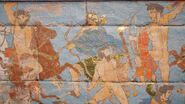 Artemis depicted in a mural in 5th century BCE Greece, with Poseidon on her left, Apollo on her right