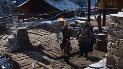 Gunnar meeting Eivor, who returned with her father's axe