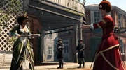 Aveline aiming the parasol gun at Madeleine