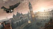 Ezio flying over the Piazza on the Flying Machine