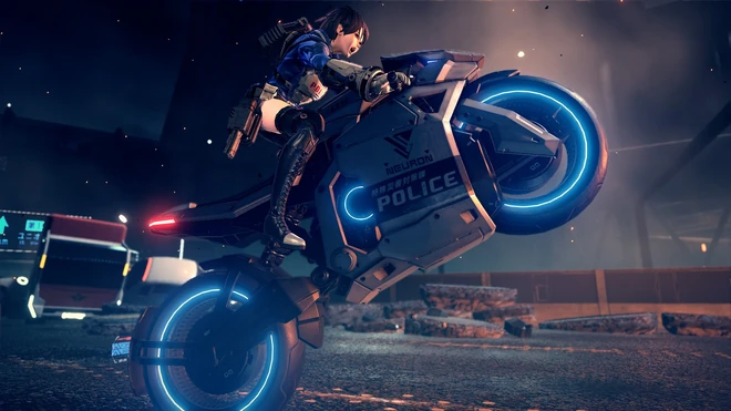 The female protagonist riding a motorbike.