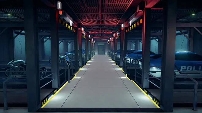 A carpark in the Neuron Headquarters.