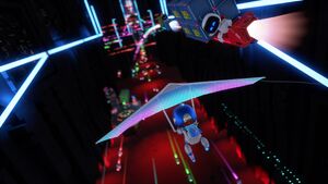 Rear view of player character harnessed to a hang glider.