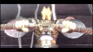 Deus wielding his nunchaku, Sakra
