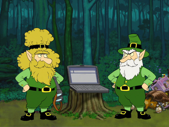 Leprechauns Merle and Flargon using a computer in the woods