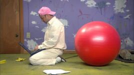 "Don Shake" getting screenwriting advice from an exercise ball