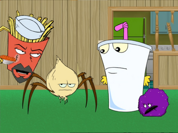 The monster named Willie Nelson introducing himself to Shake, Meatwad, and Frylock