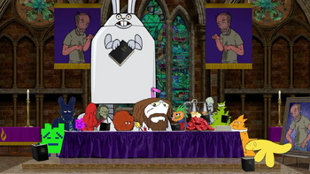 Master Shake, Meatwad and several villains and monsters forming The Last Supper