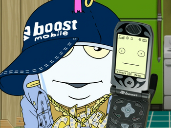 Master Shake shills Boost Mobile to the audience