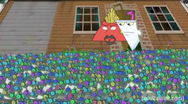 Frylock and Shake (who have been turned into triangles) observe an invasion of sentient Wi-Tri electronics