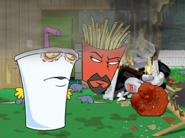 Frylock returns to destroyed house to check on Meatwad and Shake who have contracted conjunctivits