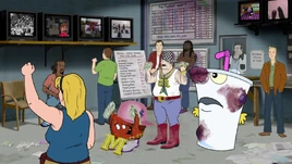 Carl, Meatwad, and a brutally beaten Shake gambling