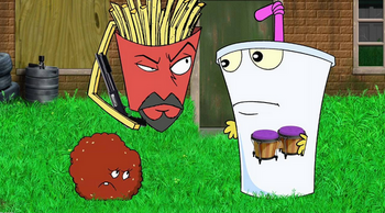 Shake holding bongos next to Frylock and Meatwad