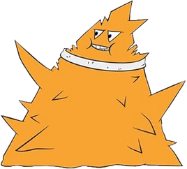 Oglethorpe, a large, orange, triangular alien with several spiked points all over his body. He wears a strange sweatband around his neck.
