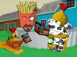 Meatwad and Shake wearing silly warrior outfits as they attempt to recruit Frylock