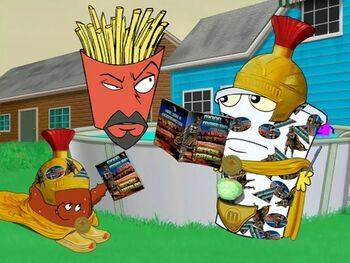 Meatwad and Shake wearing silly warrior outfits as they attempt to recruit Frylock