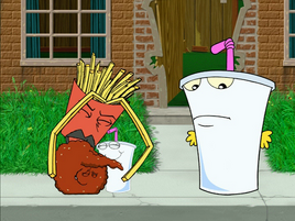 Ezekiel, Frylock, and Meatwad having a group hug next to Shake