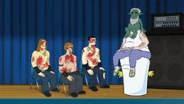 The metal band sitting down and making small talk with Carl and Shake who have been turned into a totem pole