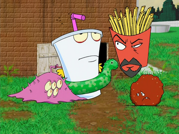 Space alien Travis speaks to Frylock and Meatwad by taking control of Shake