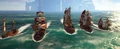 From left to right: a schooner, brigantine, galleon, brigantine, and sloop