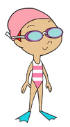 Betty Swimsuit Flippers and Swim Cap with Goggles on