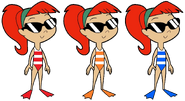 Optica, Destructa, and Roxanne with swimsuits, normal hair, flippers & sunglasses