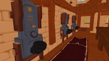 Coin Banks can be found behind a table directly in front of the entrance.