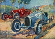 Louis Chiron, in the blue Bugatti, duels with Italian Gastone Brilli-Peri in the 1928 Rome Grand Prix