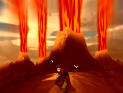 De Onbekende vuur avatar stuurt lava. Hij staat op een vlakte, achter hem komen vier vulkanen gelijktijdig tot uitbarsting.